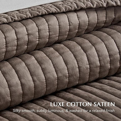 EVERGRACEHOME Cotton Sateen Quilt Set Queen Size, Pre-Washed Cotton Channel Stitch Coverlet Bedspread, 3 Pieces Lightweight Soft Bedding Sets for All Season, with 2 Pillow Shams, Mocha Brown