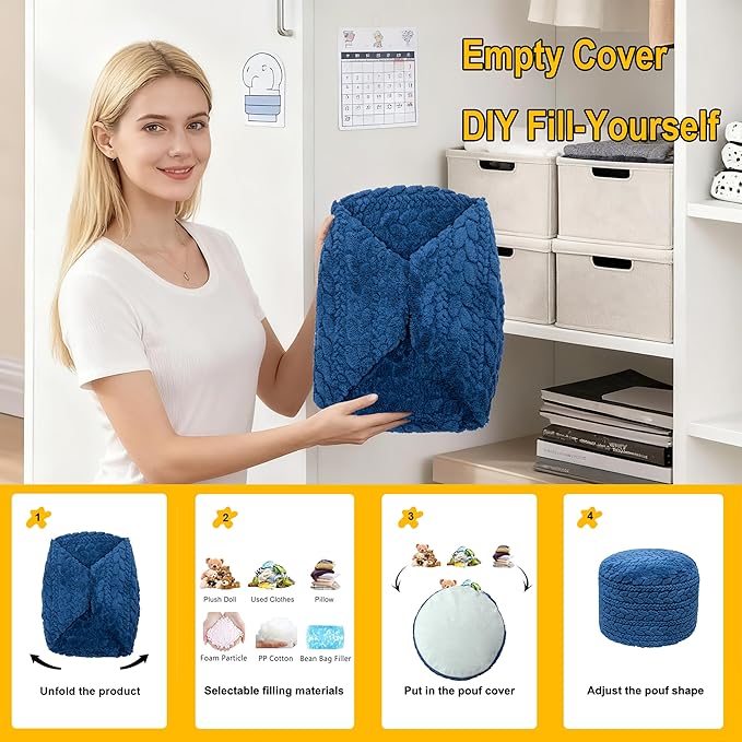 Unstuffed Ottoman Pouf Cover – Round Faux Fur Footstool Plush Floor Pouf (No Filler Included) Perfect for Living Room, Bedroom, or Office Lounge (Navy Blue, 26x26x18 in)