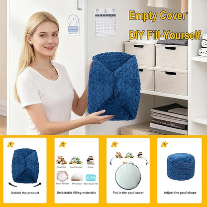 Unstuffed Ottoman Pouf Cover – Round Faux Fur Footstool Plush Floor Pouf (No Filler Included) Perfect for Living Room, Bedroom, or Office Lounge (Navy Blue, 26x26x18 in)