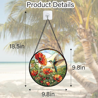 Stained Glass Window Hanging, Hummingbirds Orange Flowers Suncatcher Diamond Glass Panel Hangings Sun Catchers Decor for Birthday for Women, Men, Wife, Aunt, and Mom 9.8 in