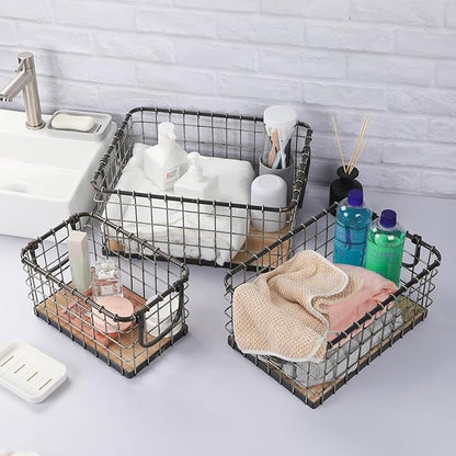 13.8" Wide Rectangular Sturdy Hand Welded Farmhouse Metal Wire Basket with Rustic Wooden Bottom For Shelves, Closet Storage Bins for Shelves. Also For Laundry, Towel, Spice Rack, Tool Box (14"x9")