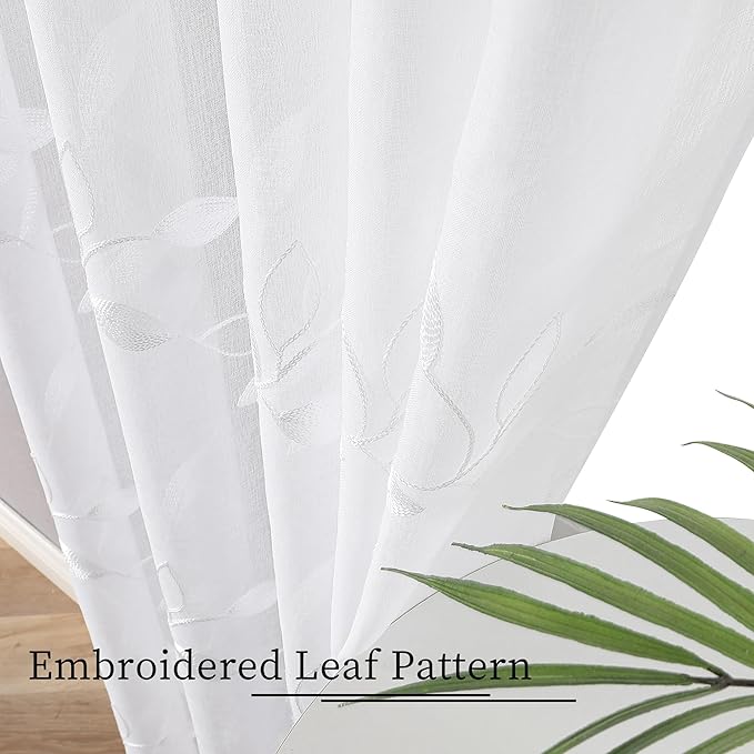 Tollpiz White Leaf Sheer Tier Curtain Leaves Embroidered Kitchen Curtains Rod Pocket Voile Bathroom Window Treatment for Cafe, 30 x 36 inches Long, Set of 2 Panels