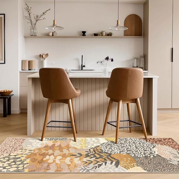 DEXDE Runner Rug 2x6 Fall Washable Hallway Boho Soft Area Rugs Abstract Long Non Slip Botanical Leaves Floral Print Carpet for Entryway, Kitchen, Laundry, Bathroom, Bedroom,Camel