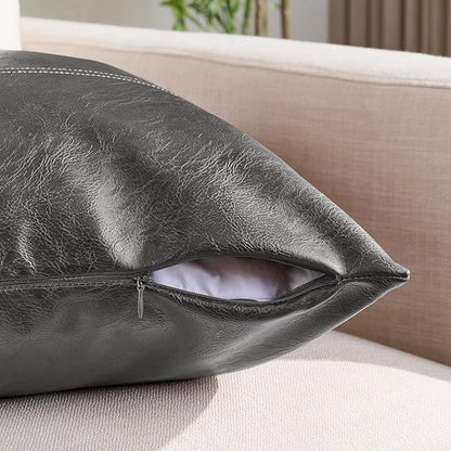Fancy Homi 2 Packs Dark Gray Long Lumbar Faux Leather Decorative Throw Pillow Covers 12x24 Inch for Outdoor Couch Bed, Modern Farmhouse Boho Home Decor, Grey Hand Stitched Cushion Case 30x60 cm