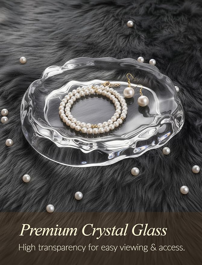 NiHome Clear Glass Jewelry Tray, Ring Dish and Trinket Holder for Women, Gift for Birthday, Anniversary, Christmas, or Valentine’s Day, Decorative Organizer for Vanity, Bathroom, or Bedroom