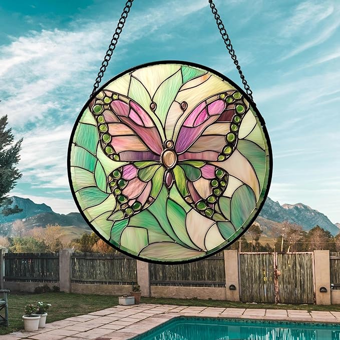 DASTOLL Stained Glass Window Hanging 4 Pcs Set Pink Green Insect Theme Large 15" - Butterfly Suncatcher Door Garden Sun Catcher Decor Birthday Christmas for Mom Woman Nana Men