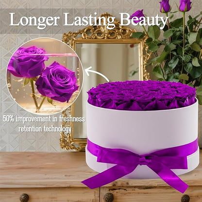 27 Forever Roses in Luxury White Box, Eternal Real Roses Birthday Gifts for Women, Preserved Flowers for Delivery Prime, Anniversary, Valentine's Day, Mothers Day for Mom (Purple)