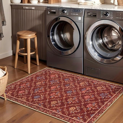Tangsoo 2x3 Small Washable Entry Rug,Non Slip Red Floral Throw Area Rugs for Entryway,Front Door Mats Indoor Entrance Carpet for Kitchen Office Laundry, Soft Kids & Pets Friendly