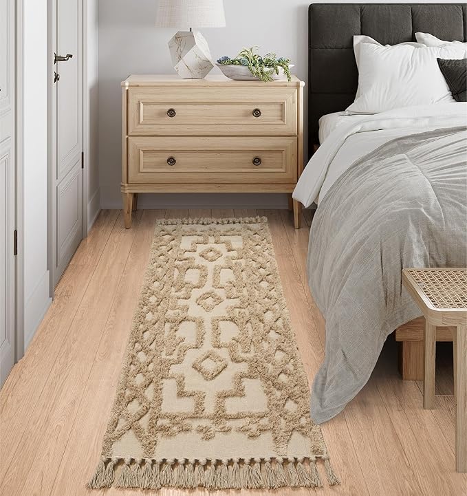 Uphome Boho Runners for Hallways 2' x 8', Washable Farmhouse Entryway Runner Rug, Cotton Tufted Bedroom Runner Rugs, Bohemian Tribal Aesthetic Rug for Kitchen Doorway Bathroom Living Room, Khaki