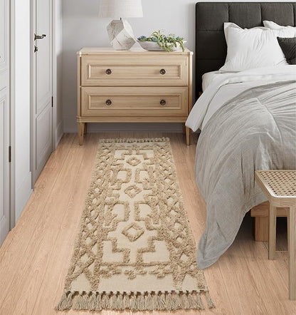 Uphome Boho Runners for Hallways 2' x 8', Washable Farmhouse Entryway Runner Rug, Cotton Tufted Bedroom Runner Rugs, Bohemian Tribal Aesthetic Rug for Kitchen Doorway Bathroom Living Room, Khaki