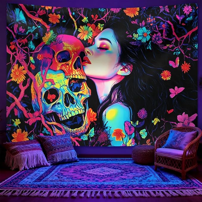 seewan Black Light Skeleton and Girl Tapestry, Glow-in-the-Dark UV Neon Woman Kissing Skeleton Wall Hanging, Psychedelic Life and Death Art Tapestry, Bedroom Dorm Living Room Background Decor