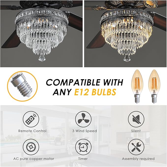 Asyko Crystal Ceiling Fan Fandelier with Lights - Modern Outdoor Fans with Remote Control，Noiseless DC Motor, Retro/Farmhouse Lighting, Dining Room， Living Room (62")