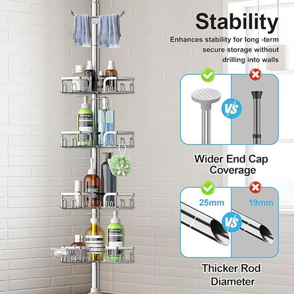 Corner Shower Caddy Tension Pole 4 Tier Adjustable Stainless Steel Shower Shelf for Inside Shower Bathtub Shampoo,Standing Bathroom Organizer Shelves with 39 to 113 inch Height