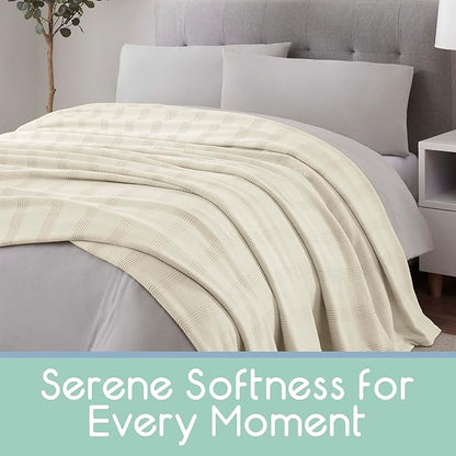 King Size 100% Cotton Blanket | Super Soft Breathable Lightweight Throw Blanket | All-Season Knit Blanket | Versatile Hotel Luxury | Easy Care | Oeko-Tex Certified | Ivory