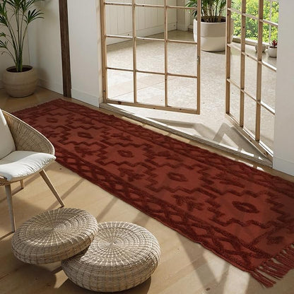 Uphome Boho Runners for Hallways 2.6' x 10', Washable Farmhouse Entryway Runner Rug, Cotton Tufted Bedroom Runner Rugs, Bohemian Tribal Aesthetic Rug for Kitchen Doorway Bathroom, Terracotta