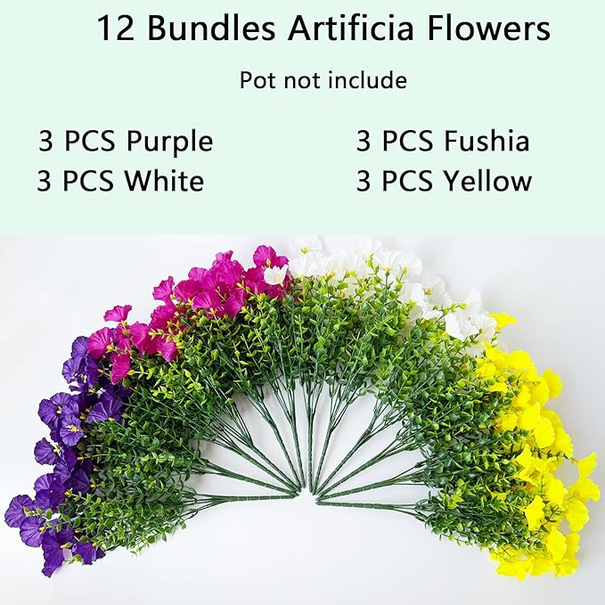 Artificial Fake Flowers Plant for Outdoors, 12 Bundles Faux Morning Glory UV Resistant Look Real Silk Flowers for Outside Planter Front Door Porch Patio Yard Decoration, (Mix 4 Colors)