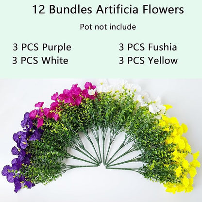 Artificial Fake Flowers Plant for Outdoors, 12 Bundles Faux Morning Glory UV Resistant Look Real Silk Flowers for Outside Planter Front Door Porch Patio Yard Decoration, (Mix 4 Colors)