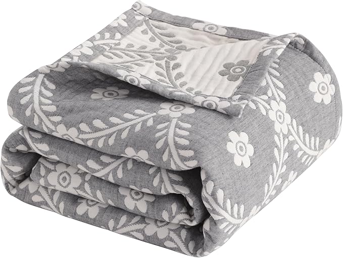 NTBAY 3 Layers Cotton Muslin 106x92 King Bed Blanket, Super Soft Breathable Thermal Yarn Dyed Quilt for Adults, Perfect Lightweight Blanket for Couch Sofa Bed All Seasons, Grey Garlands