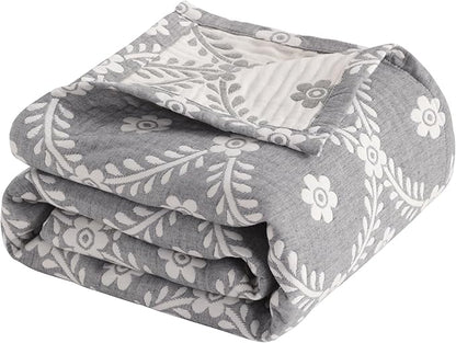 NTBAY 3 Layers Cotton Muslin 88x92 Queen Bed Blanket, Super Soft Breathable Thermal Yarn Dyed Quilt for Adults, Perfect Lightweight Blanket for Couch Sofa Bed All Seasons, Grey Garlands