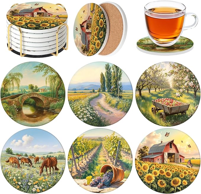 Ceramic Coasters Set of 6 with Holder, Farmhouse Style, Absorbent Drink Coaster Set for Home Decor, Cups, Mugs and Glasses (Golden Farm Scene)