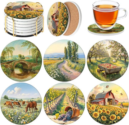 Ceramic Coasters Set of 6 with Holder, Farmhouse Style, Absorbent Drink Coaster Set for Home Decor, Cups, Mugs and Glasses (Golden Farm Scene)