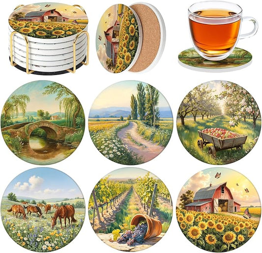 Ceramic Coasters Set of 6 with Holder, Farmhouse Style, Absorbent Drink Coaster Set for Home Decor, Cups, Mugs and Glasses (Golden Farm Scene)