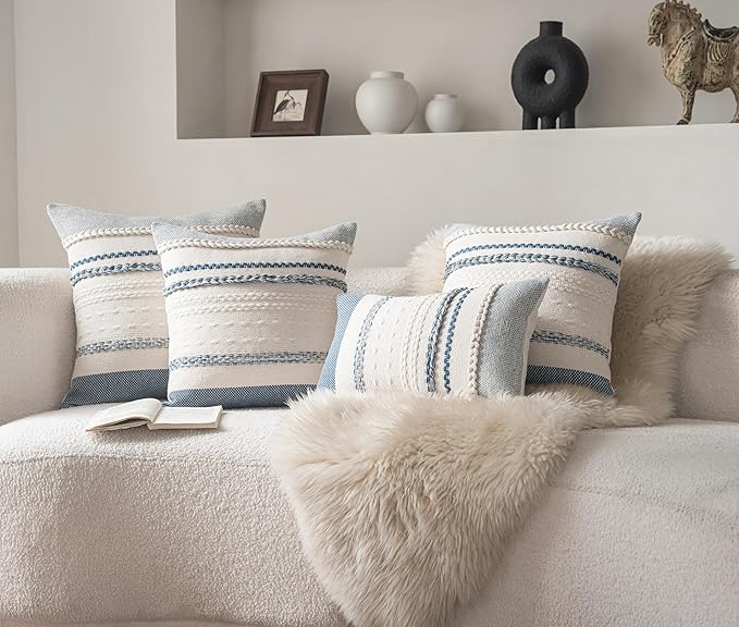 Boho Throw Pillow Covers 20x20 Inch Set of 2, Blue Textured Decorative Couch Pillow Cases for Farmhouse Home Decor, Accent Cushion Cover for Sofa, Bed, Living Room, Bedroom
