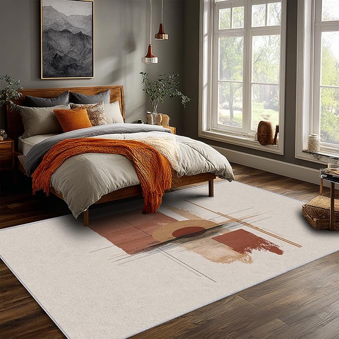 Boho Rug, 8x8 Area Rugs Geometric Minimalist Line Simple Pattern for Living Room, Bedroom, Boho Home Decor Accessories Indoor Carpet, Non Slip & Machine Washable