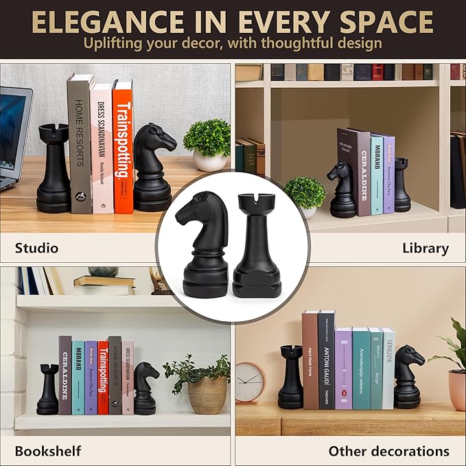 Chess Book Ends for Shelves – Elegant Decorative Bookends for Heavy Books, Office & Living Room Decor – Modern Shelf Organizer and Gift for Book Lovers (Matte Black, Arabian Mate)