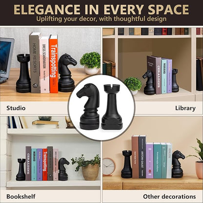 Chess Book Ends for Shelves – Elegant Decorative Bookends for Heavy Books, Office & Living Room Decor – Modern Shelf Organizer and Gift for Book Lovers (Matte Black, Arabian Mate)