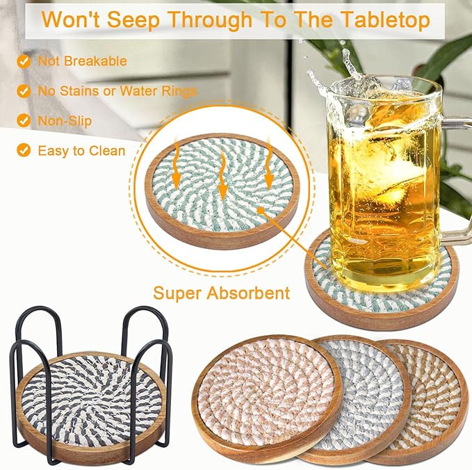 Coasters for Drinks Absorbent Sets of 5, Woven Coasters with Holder, Housewarming Gift for Farmhouse Home Decor, 4 inches (Colorful Series)