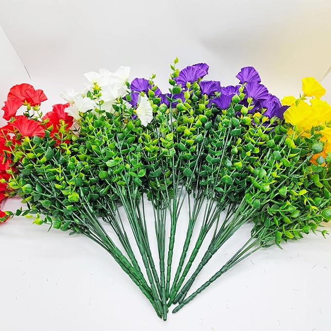 Artificial Silk Flowers for Outdoor Decoration,12 Bundles Faux Flowers Colorful Morning Glory with Eucalyptus Fake Plants Greenery UV Resistant for Outside Front Door Planter Porch Patio Yard