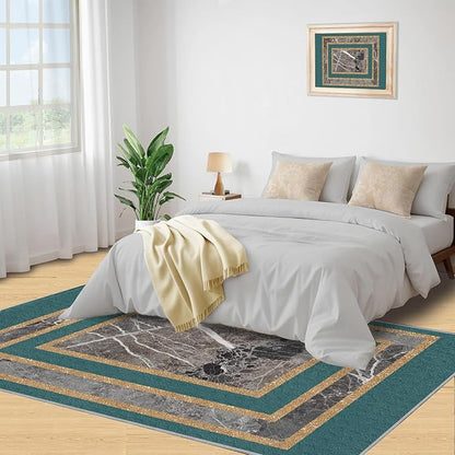 Emerald Green Marble Rug Luxury Teal Marble Area Rug Gilded Geometric Carpet Vintage Stone Crack Carpet for Bedroom Bedside Living Room 3x4ft