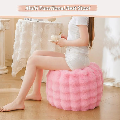 LIFEREVO Faux Rabbit Fur Round Inflatable Pouf Ottoman, 20" X 16" Plush Fuzzy Waffle Bubble Floor Poufs Foot Rest for Living Room Bedroom, Furry Pouf Chair Foot Stool Home Decor, Anti-Slip, Pink