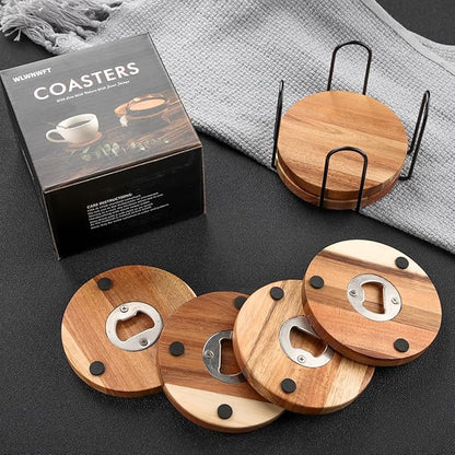 Wood Coasters for Drinks with Bottle Opener Holder Set of 6, Acacia Wooden Cup Coaster for Coffee Table Dining Table Desk with Non-Slip Pad for Dad Home Office Christmas Decor 4 Inch