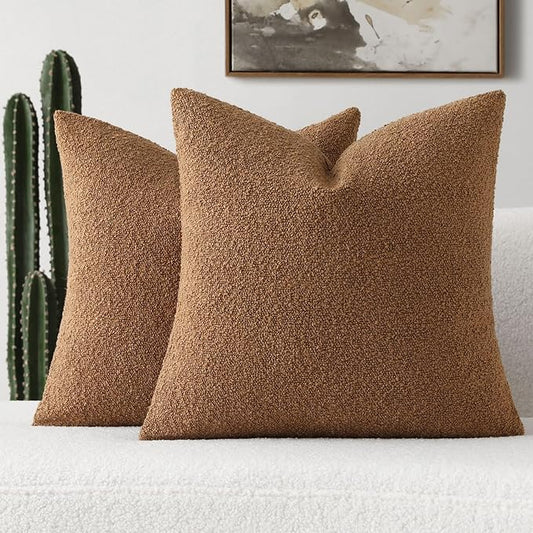FUTEI Pack of 2 Tobacco Decorative Throw Pillow Covers 20x20 Inch Soft Cozy Solid Boucle Textured Cushion Case,Modern Home Decor for Couch Bed Living Room
