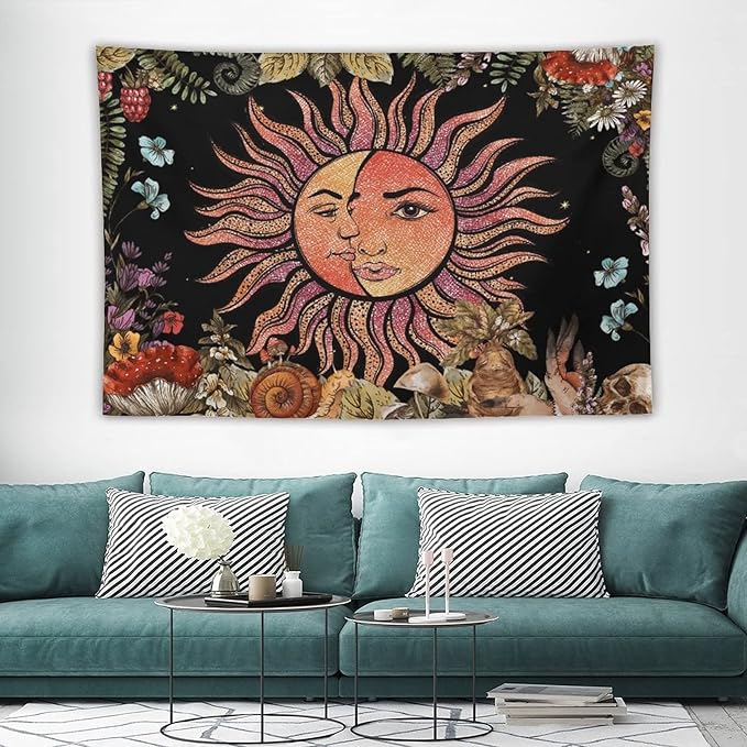 Vintage Sun Tapestry,Boho Hippie Mushroom Plant Botanical Sun and Moon Art Tapestries Wall Hanging for Dorm Living Room Bedroom Decor(40"x60")