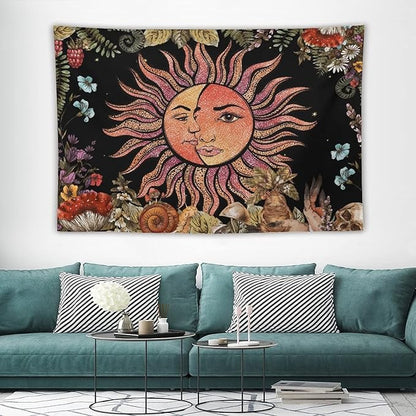 Vintage Sun Tapestry,Boho Hippie Mushroom Plant Botanical Sun and Moon Art Tapestries Wall Hanging for Dorm Living Room Bedroom Decor(40"x60")