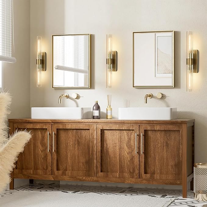 Wall Sconces, 22.8" Gold Bathroom Sconces Wall Lighting with Clear Glass, Modern Sconces Wall Decor Brass Light Fixtures for Bathroom Mirror Living Room Hallway Bedroom