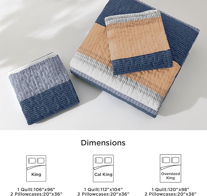Litanika California King Quilt Set BlueO,Stripe Patchwork Summer Bedspread Coverlet, Soft Lightweight Microfiber Quilt Bedding Set for All Season(1 Quilt, 2 Pillowcases)