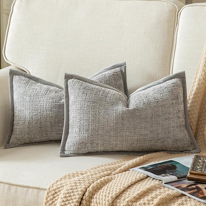 Yaertun Pack of 2 Chenille Textured Decorative Throw Pillow Covers Accent Solid Cushion Cover Soft Cozy Pillow Case with Velvet Back for Couch Sofa Bed Living Room 16x24 Inch Light Grey