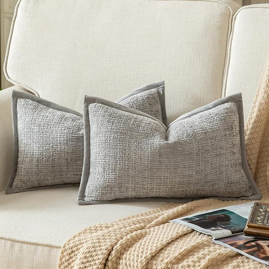 Yaertun Pack of 2 Chenille Textured Decorative Throw Pillow Covers Accent Solid Cushion Cover Soft Cozy Pillow Case with Velvet Back for Couch Sofa Bed Living Room 16x24 Inch Light Grey