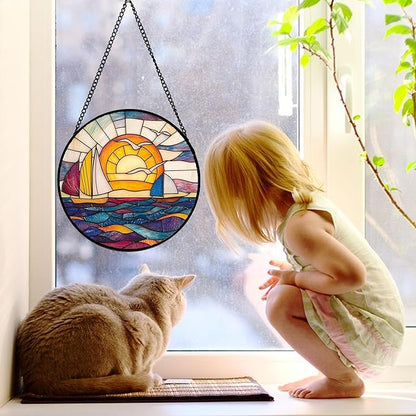 DASTOLL Stained Glass Window Hanging, Sailboat and Waves Suncatcher Diamond Glass Panel Hangings Sun Catchers Decor for Birthday for Women, Men, Wife, Aunt, and Mom 9.8 in