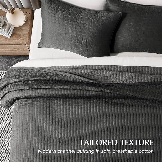 EVERGRACEHOME Cotton Sateen Quilt Set King Size, Pre-Washed Cotton Channel Stitch Coverlet Bedspread, 3 Pieces Lightweight Soft Bedding Sets for All Season, with 2 Pillow Shams, Washed Black