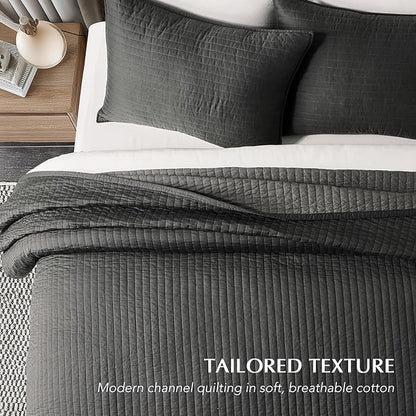 EVERGRACEHOME Cotton Sateen Quilt Set King Size, Pre-Washed Cotton Channel Stitch Coverlet Bedspread, 3 Pieces Lightweight Soft Bedding Sets for All Season, with 2 Pillow Shams, Washed Black