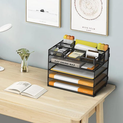 5 Tier Paper Letter Tray with 3 Drop-in Pen Holders, Mesh Desk File Organizer with Handle, Desk Organizers and Accessories for School,Home, Office Supplies Storage-Black