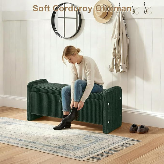 44" Storage Ottoman Bench, Upholstered End of Bed Storage Benches, Rectangle Ottoman with Storage for Bedroom, Entryway, Corduroy Green