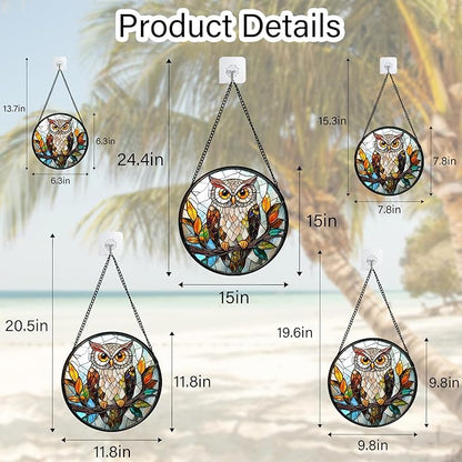 DASTOLL Stained Glass Window Hanging, Owl Colorful Leaves Birds Sun Catchers Diamond Glass Panel Hangings Suncatcher Decor for Birthday for Women, Men, Wife, Aunt, and Mom 7.8 in
