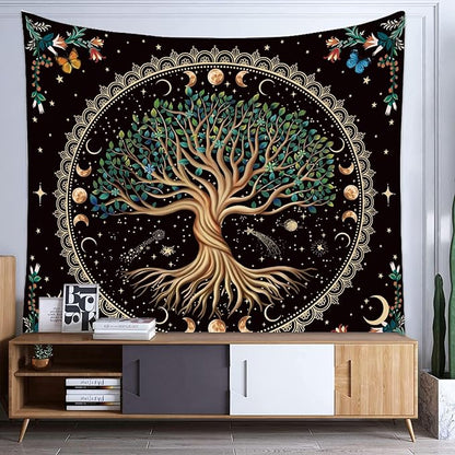 Moon Phase Tree of Life Tapestry Nature Flower Plant Butterfly Tapestries Boho Mandala Spiritual Tapestry Aesthetic Wall Hanging for Home Decor Bedroom Living Room Dorm Decor (70.87" x 90.55", Blue)