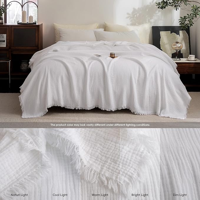 FOSSA Muslin Blanket with Fringe - 4-Layer 100% Cotton Gauze Super Soft & Breathable Throw -Lightweight Decorative Cooling Blanket for Bed, Sofa, Office -Twin XL Size 90" x 66" (Bright White)